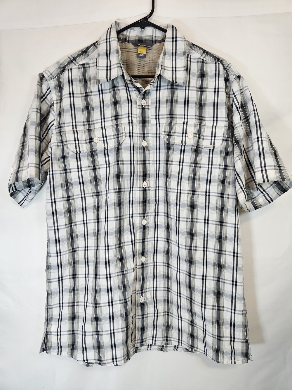 Eddie Bauer Travex White and Black Plaid Short-Sleeve Button-Down Shirt